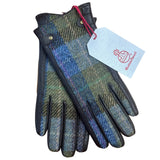 Harris Tweed and Leather Ladies Gloves - Blue/Green Check Caledonia Lifestyle Peebles