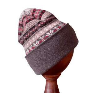 Fair Isle Knit Lambswool Hat - Red & Taupe Caledonia Lifestyle Peebles