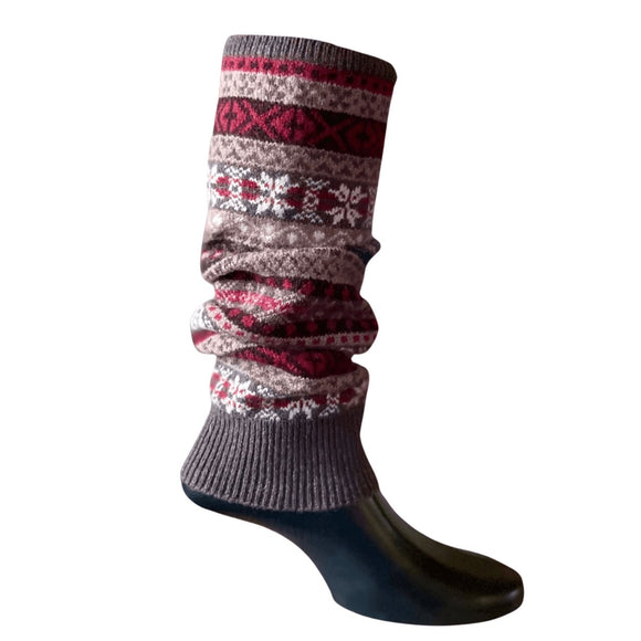 Fair Isle Knit Lambswool Leg Warmers - Red & Taupe Caledonia Lifestyle Peebles