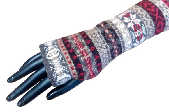 Fair Isle Knit Lambswool Wrist Warmers - Red & Taupe Caledonia Lifestyle Peebles