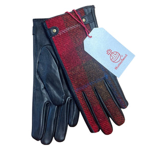 Harris Tweed and Leather Ladies Gloves - Red Check Caledonia Lifestyle Peebles