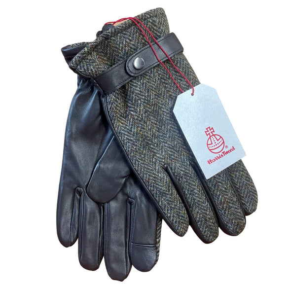 harris tweed handschuhe Harris Tweed and Leather Mens Gloves - Green Herringbone
