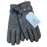 Harris Tweed and Leather Mens Gloves - Green Herringbone Caledonia Lifestyle Peebles
